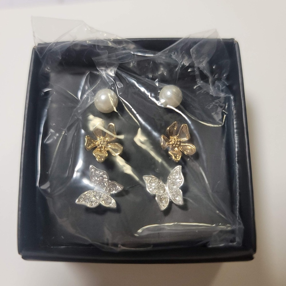 Avon Spring Stud Earring Trio‎ Pearl Flower Butterfly Gold Silver Tone Set NIB